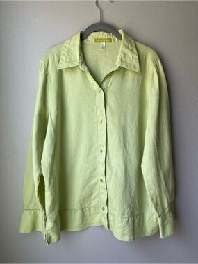 Sigrid Olsen Pale Lime Celery Green Lagenlook Linen Woven Button-Front Shirt